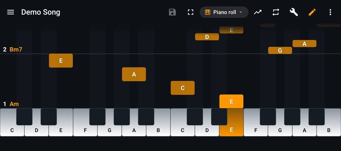 Vue piano roll du même morceau dans Cesure, les notes tombent vers un clavier