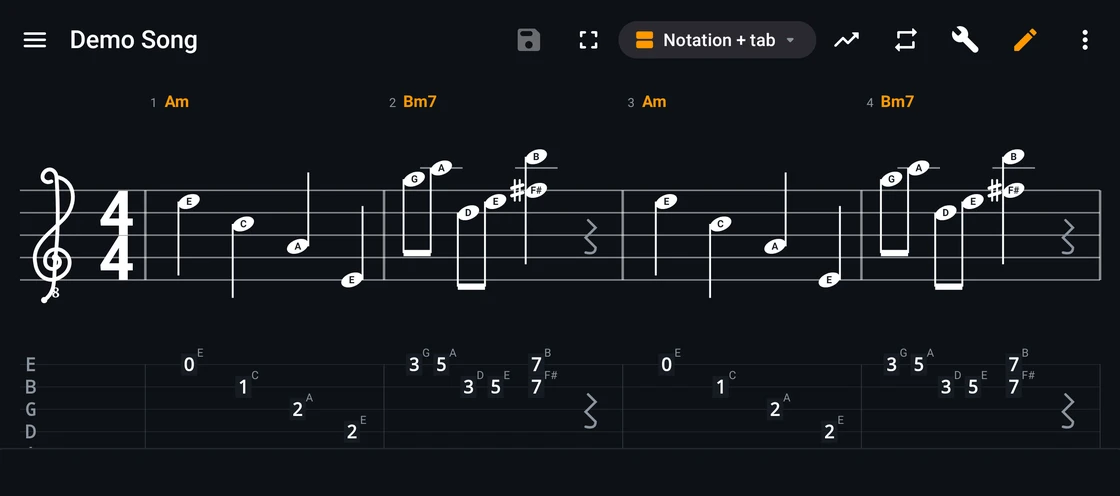 Portée et tablature entrelacées sur le même morceau dans Cesure