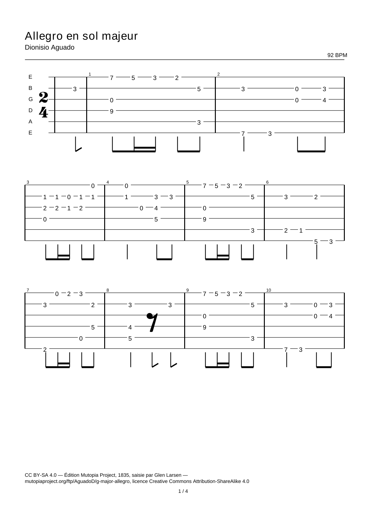 Allegro en sol mayor — Tablatura de guitarra