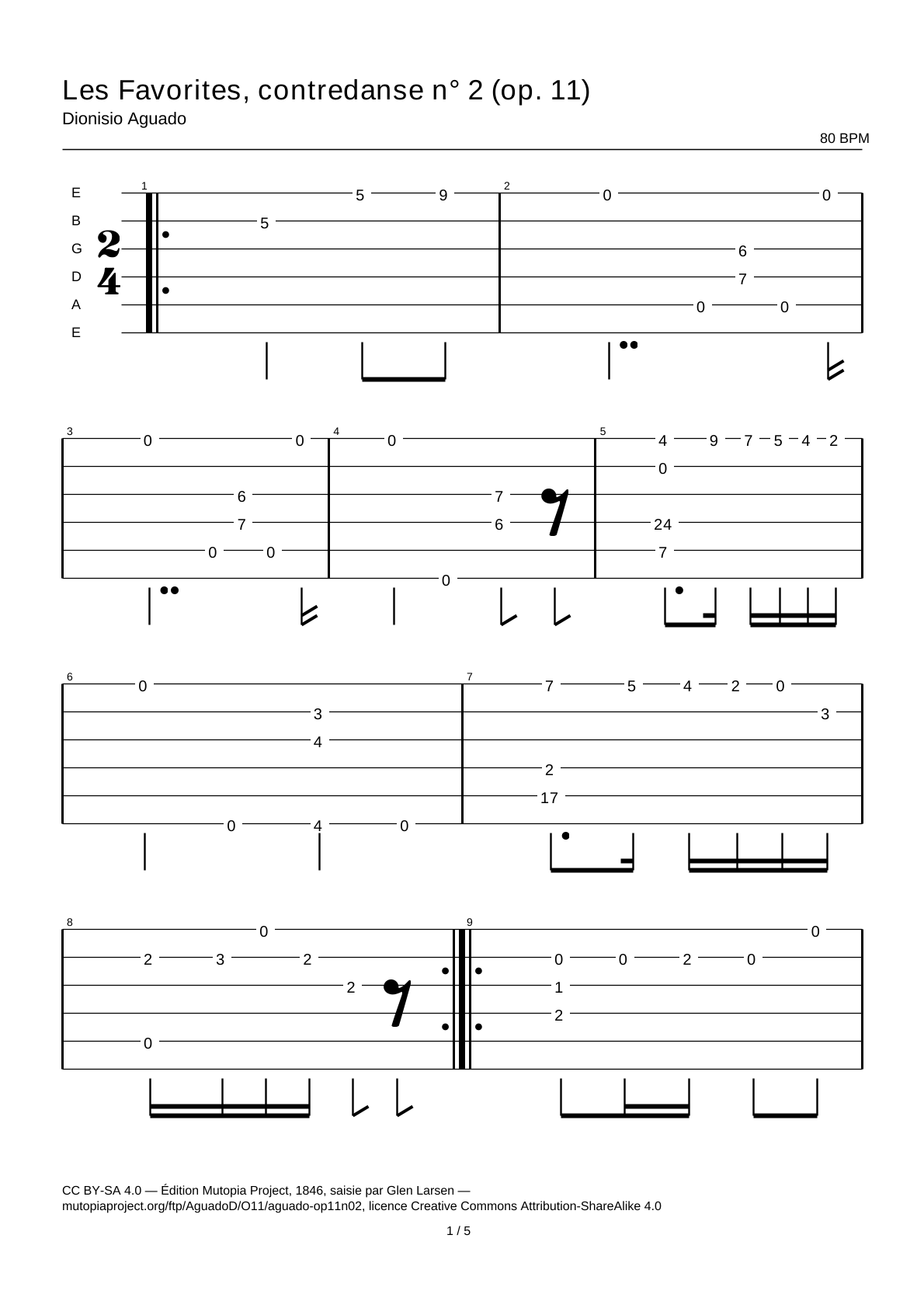 Les Favorites, contredanse n° 2 (op. 11) — Tablature guitare