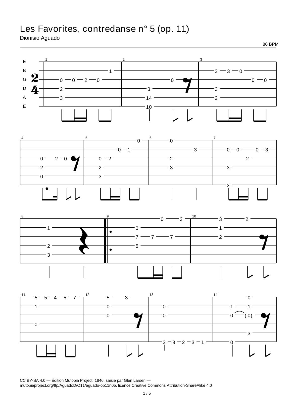 Les Favorites, contredanse No. 5 (Op. 11) — Guitar Tab