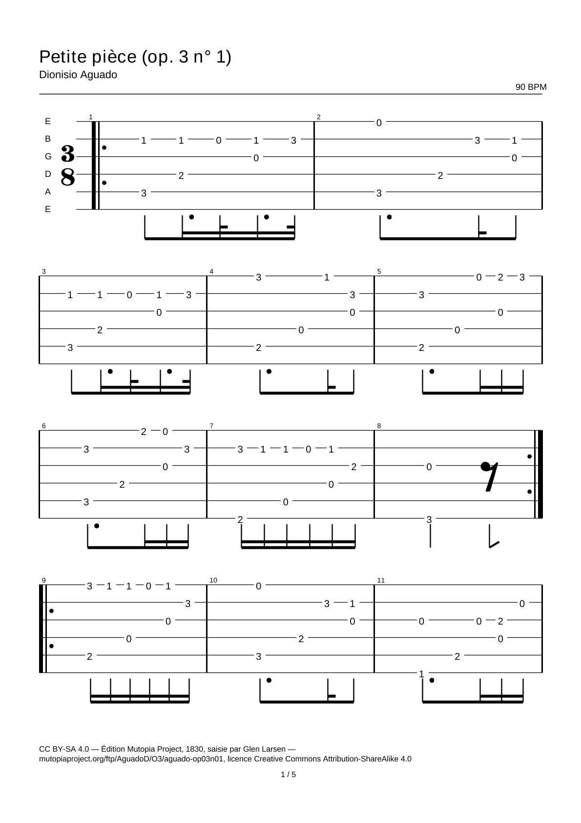 Pequeña pieza (op. 3 n.º 1) — Tablatura de guitarra