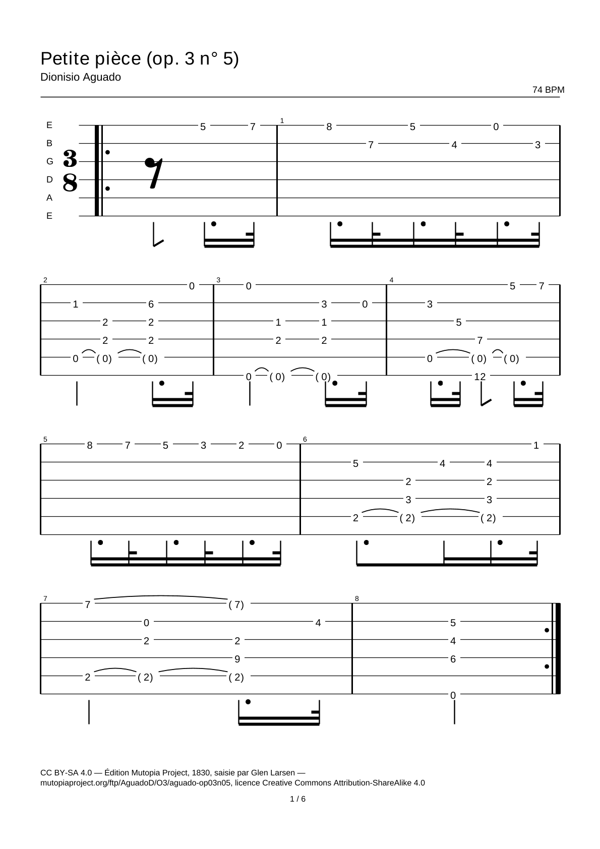 Pequeña pieza (op. 3 n.º 5) — Tablatura de guitarra