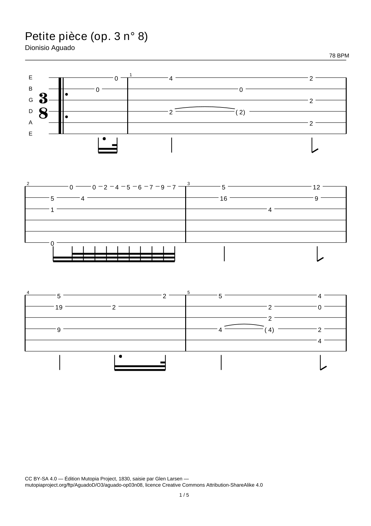 Pequeña pieza (op. 3 n.º 8) — Tablatura de guitarra