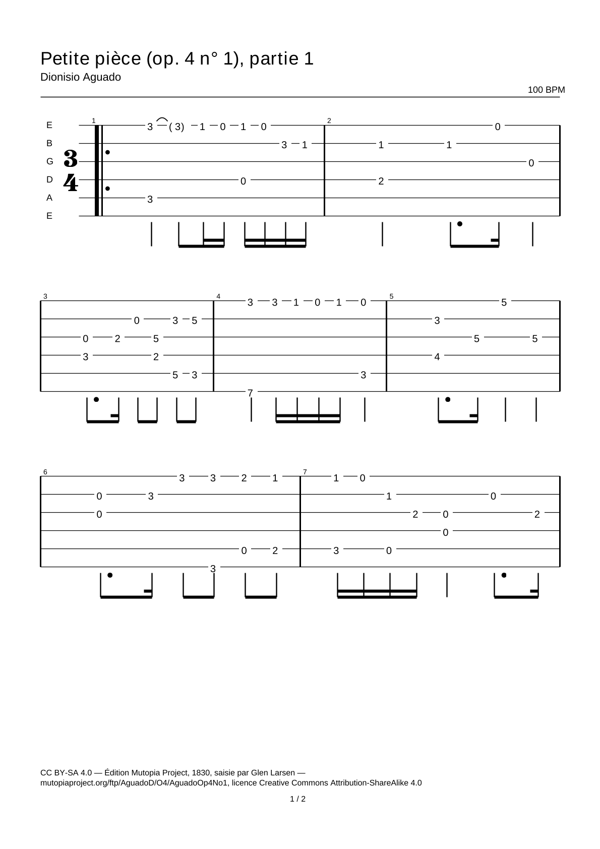 Pequeña pieza (op. 4 n.º 1), parte 1 — Tablatura de guitarra