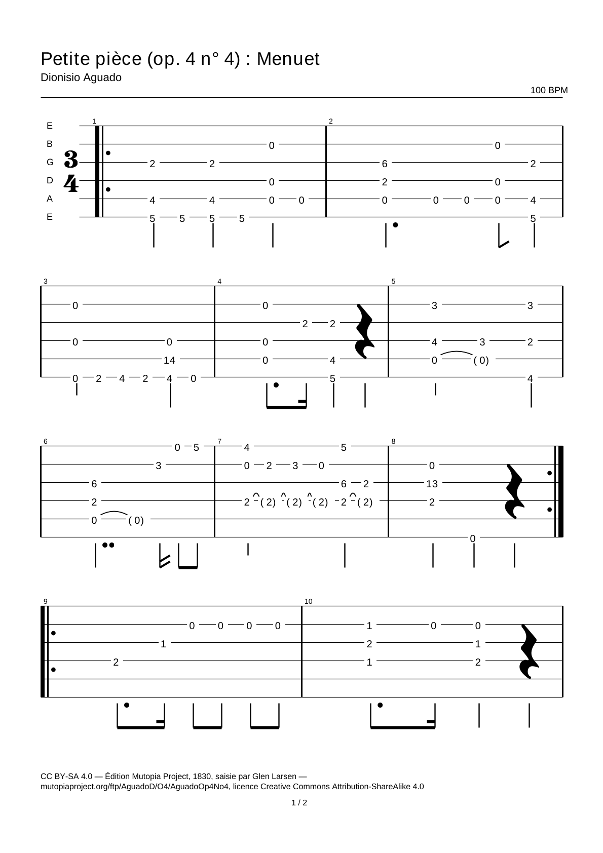 Petite pièce (Op. 4 No. 4): Minuet — Guitar Tab
