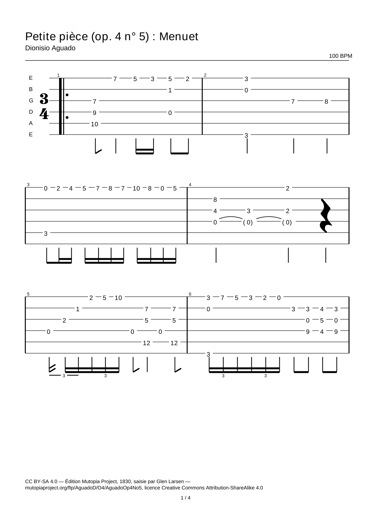 Petite pièce (Op. 4 No. 5): Minuet — Guitar Tab