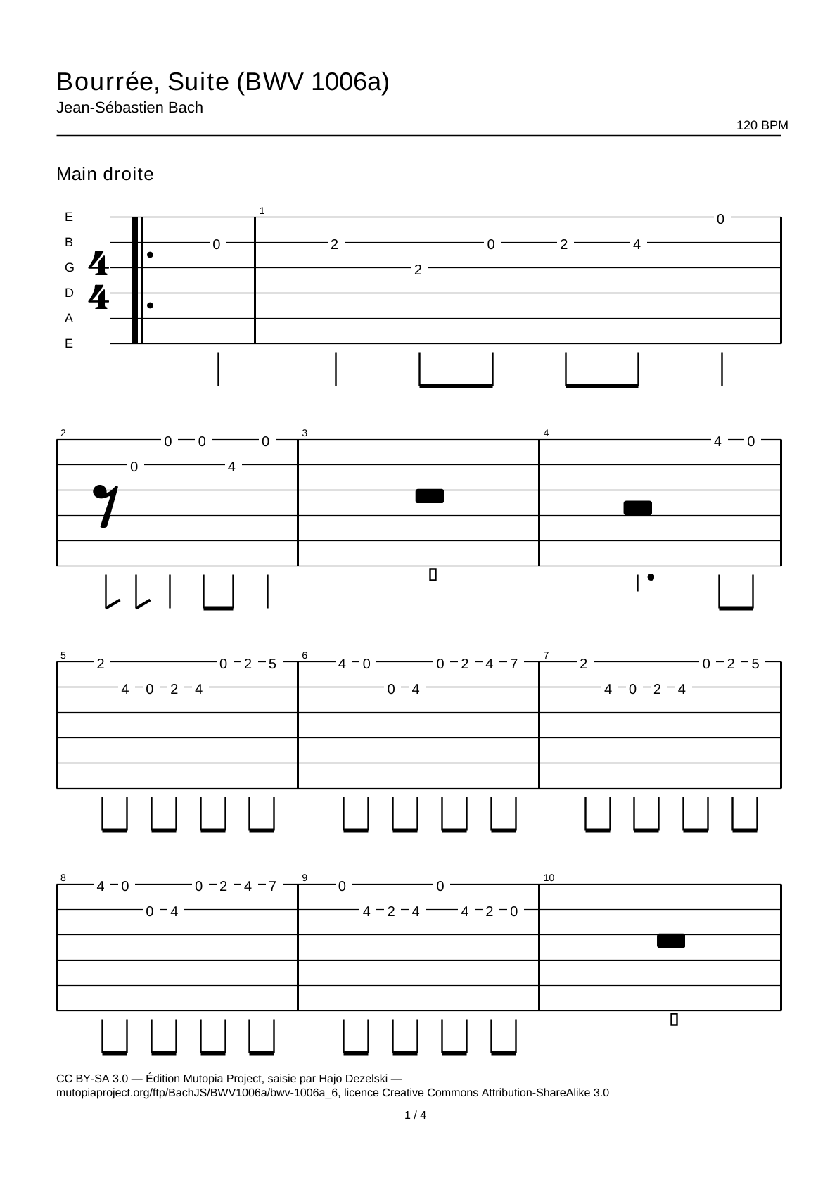 Bourrée, Suite (BWV 1006a) — Tablature guitare