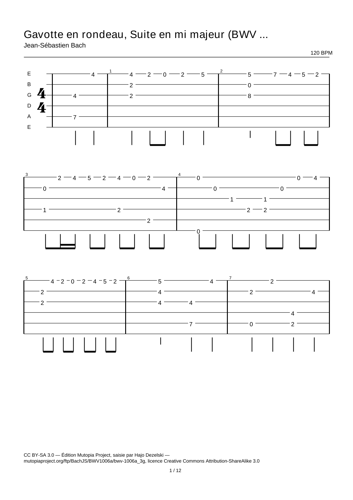 Gavotte en rondeau, Suite in E major (BWV 1006a) — Guitar Tab