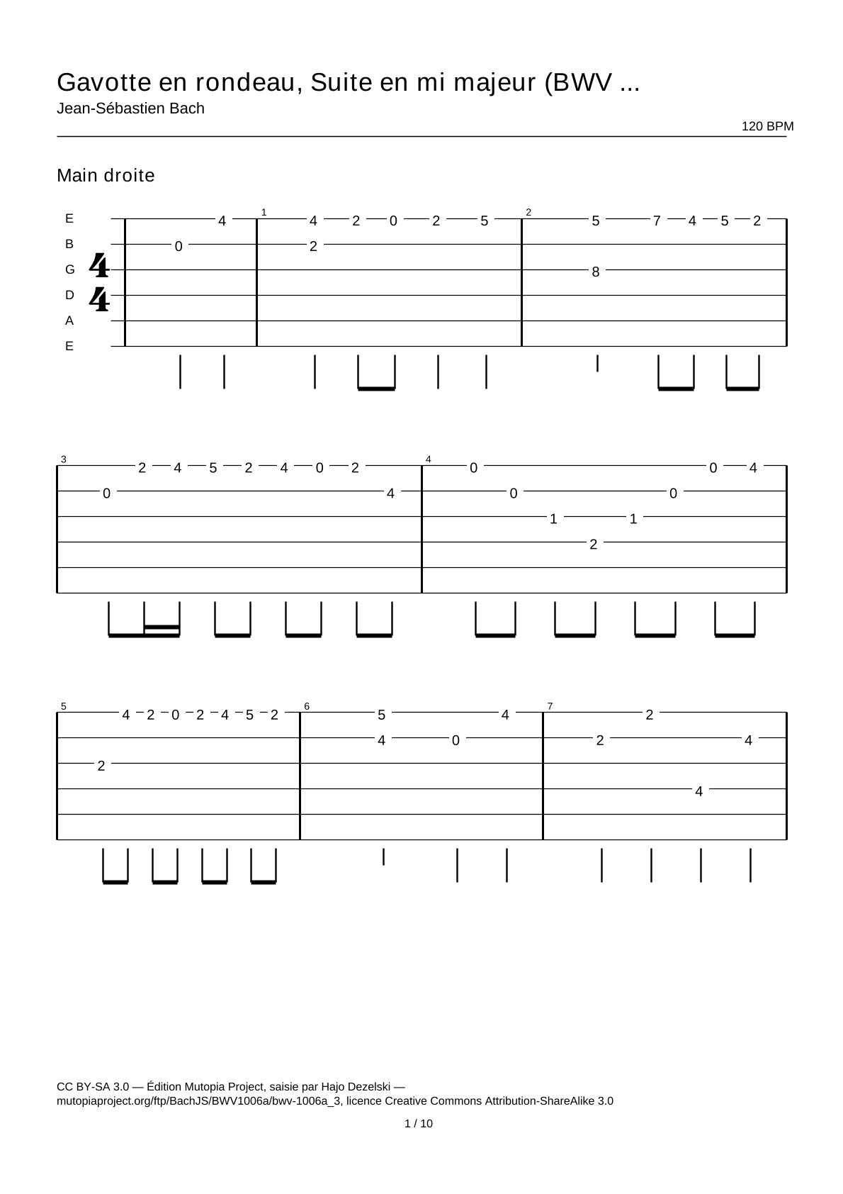 Gavotte en rondeau, Suite in E major (BWV 1006a) — Guitar Tab