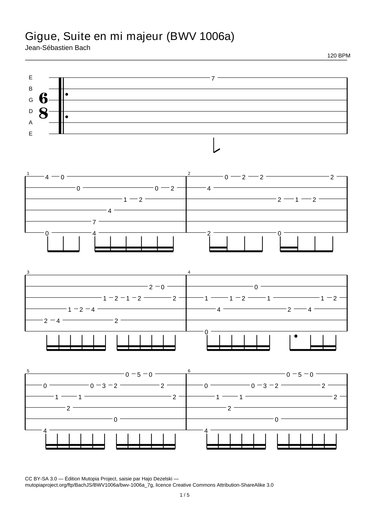 Giga, Suite en mi mayor (BWV 1006a) — Tablatura de guitarra