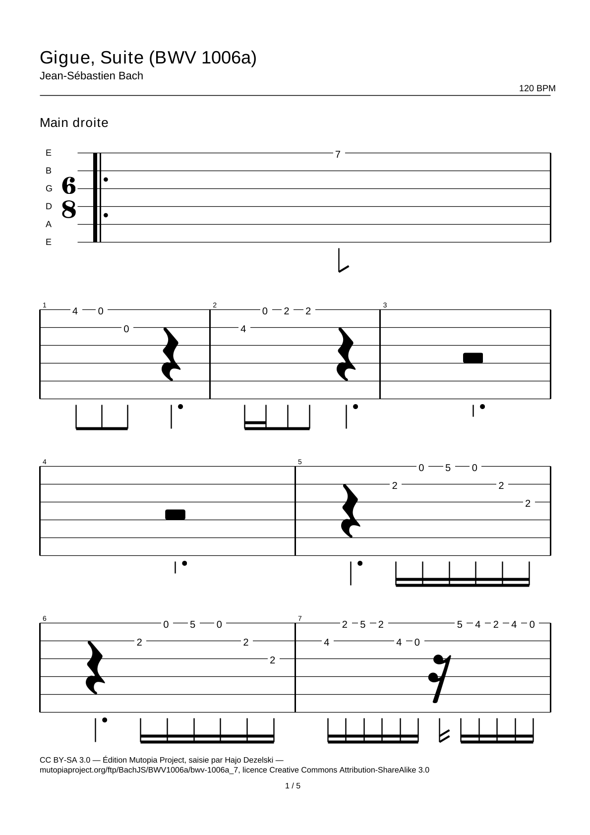 Gigue, Suite (BWV 1006a) — Guitar Tab