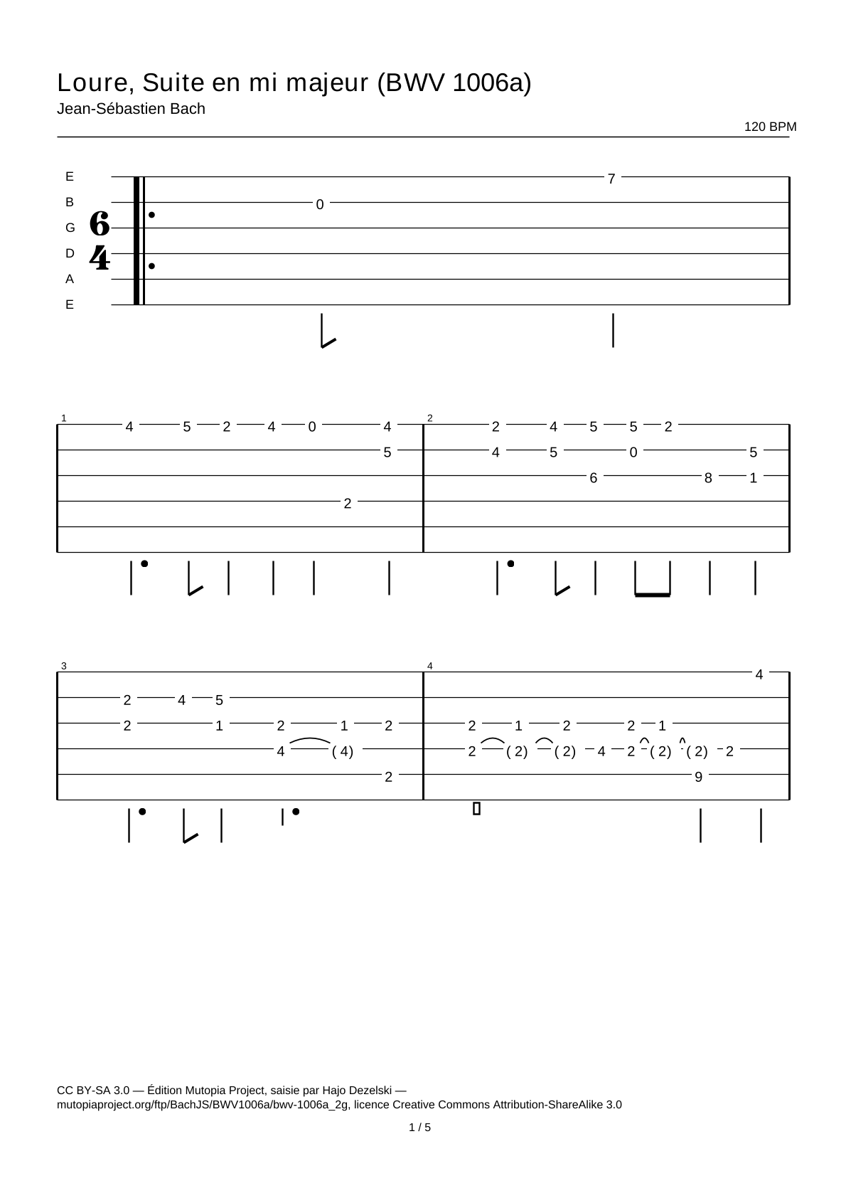 Loure, Suite en mi mayor (BWV 1006a) — Tablatura de guitarra