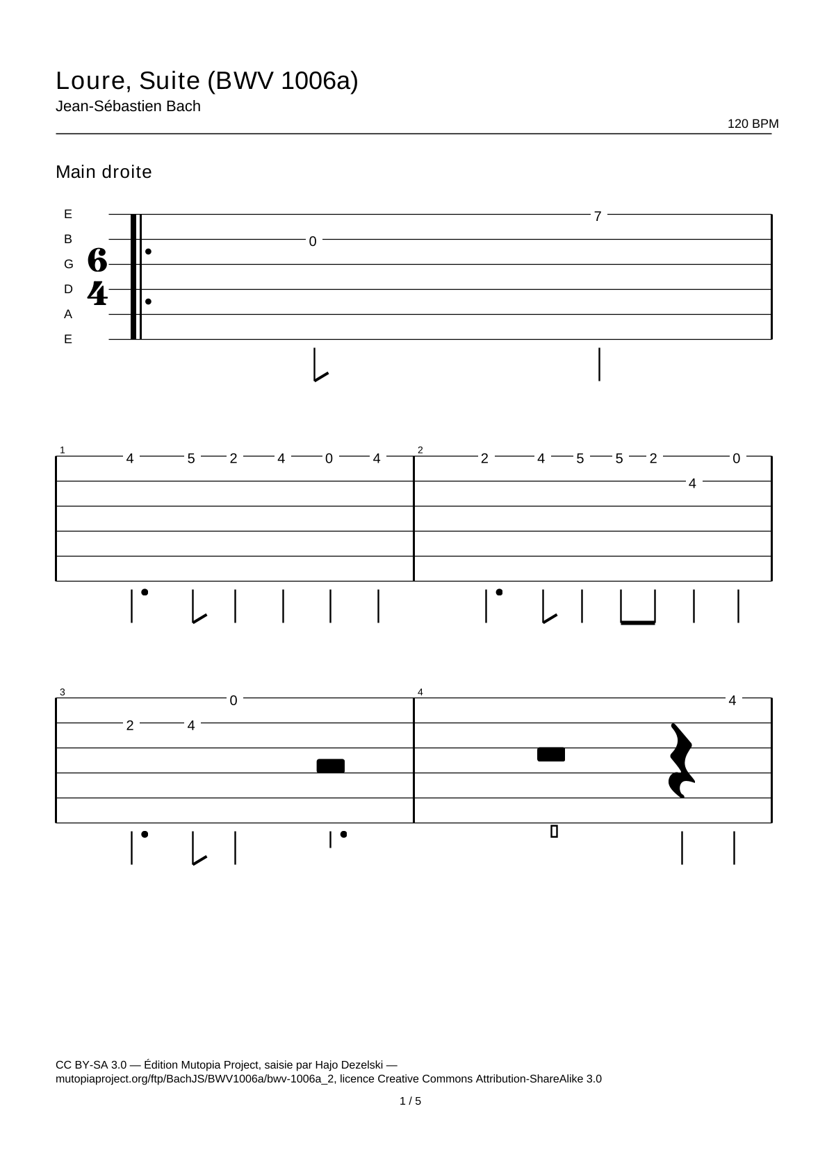 Loure, Suite (BWV 1006a) — Tablatura de guitarra