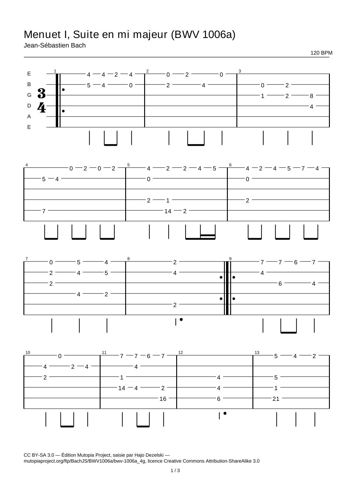 Minueto I, Suite en mi mayor (BWV 1006a) — Tablatura de guitarra