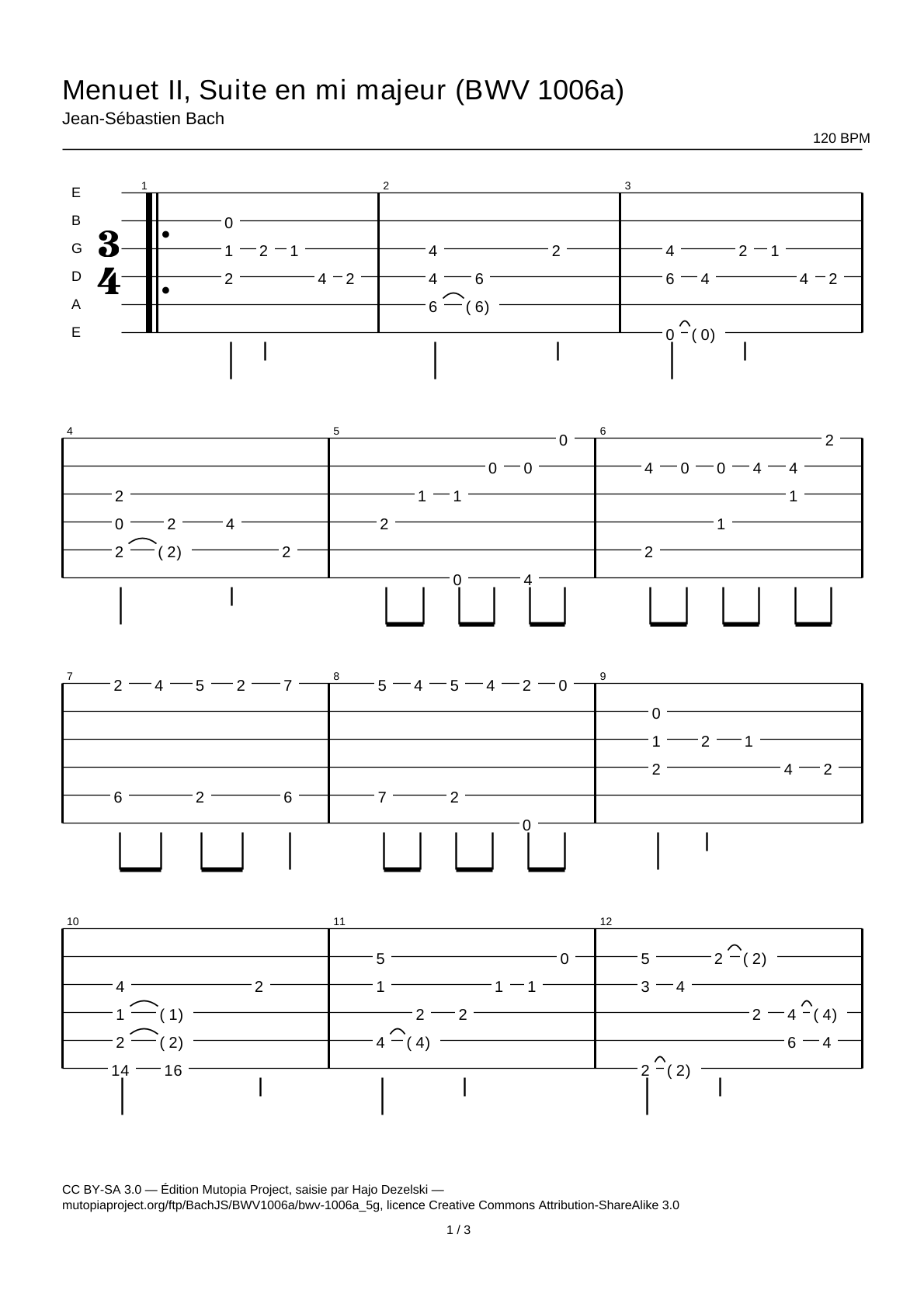 Menuet II, Suite en mi majeur (BWV 1006a) — Tablature guitare