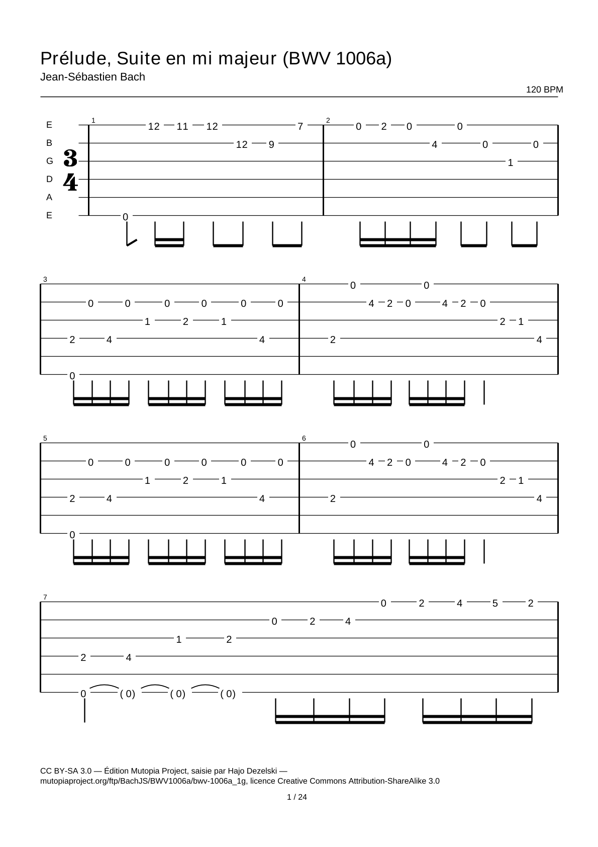 Preludio, Suite en mi mayor (BWV 1006a) — Tablatura de guitarra