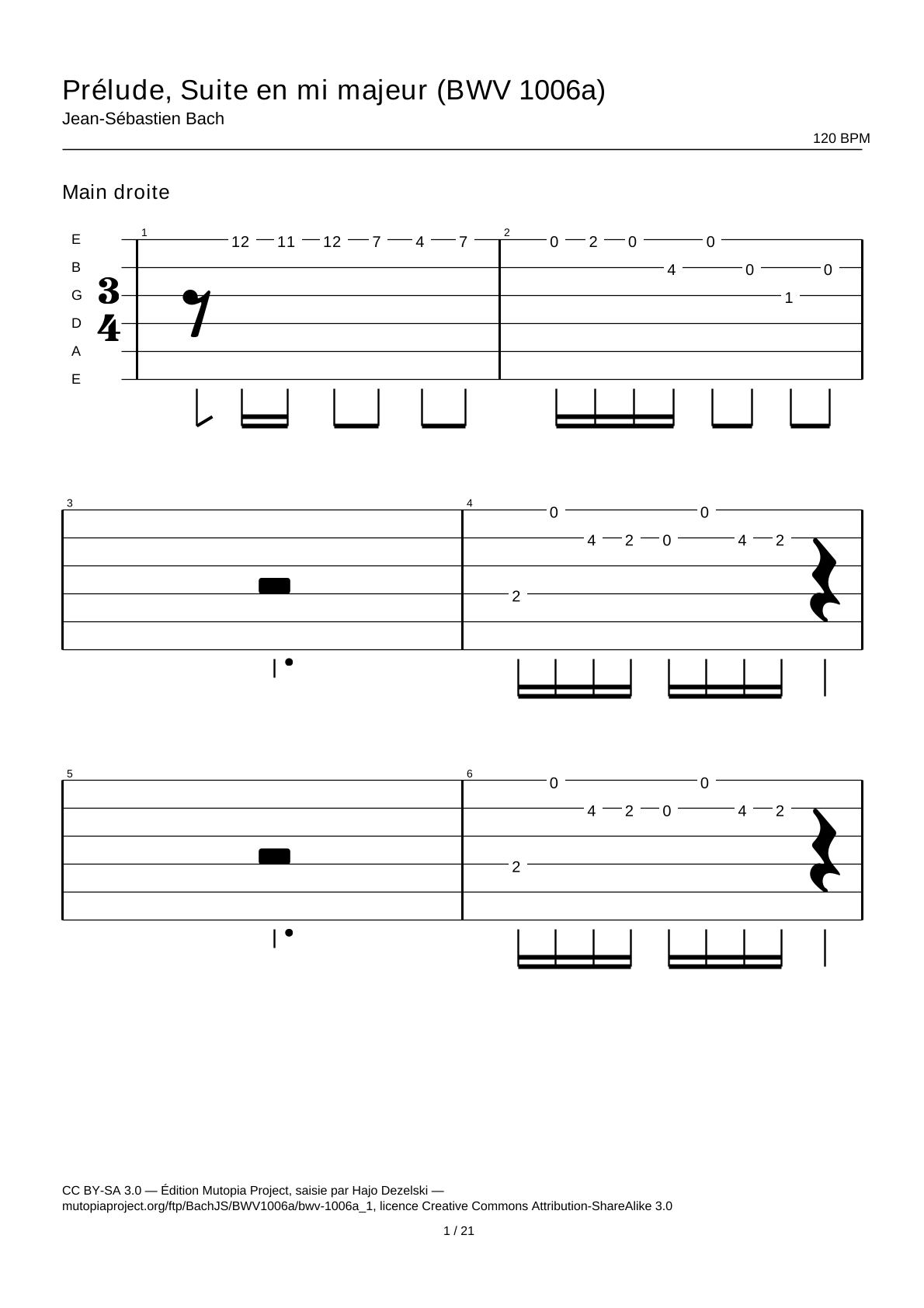 Preludio, Suite en mi mayor (BWV 1006a) — Tablatura de guitarra