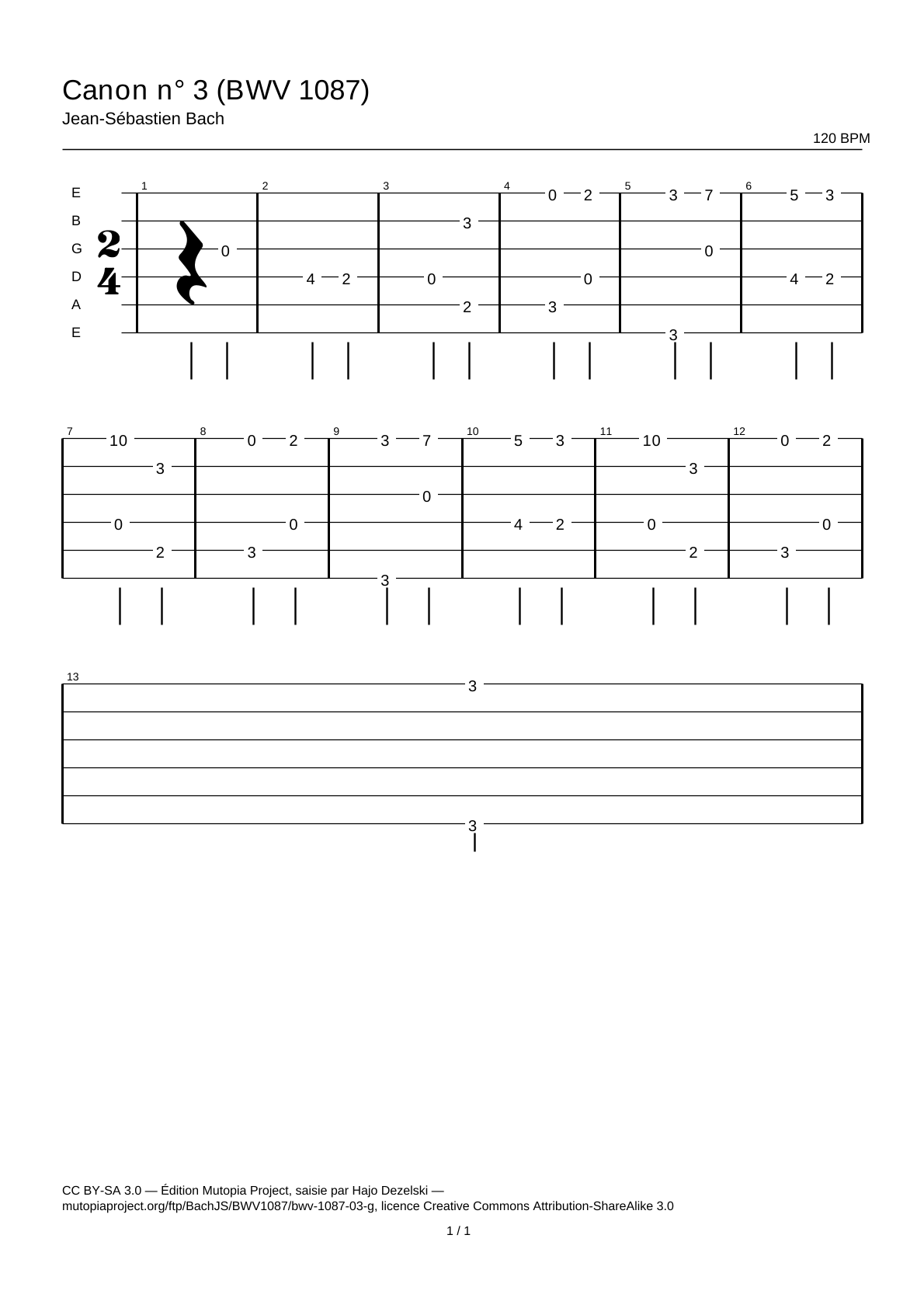 Canon n° 3 (BWV 1087) — Tablature guitare