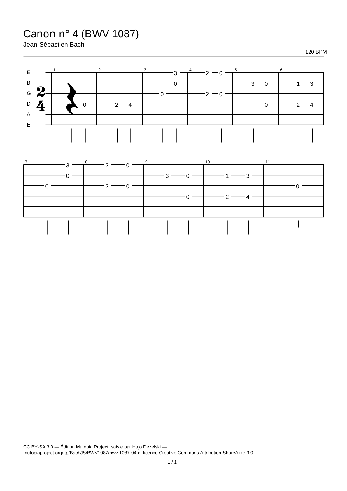 Canon n° 4 (BWV 1087) — Tablature guitare