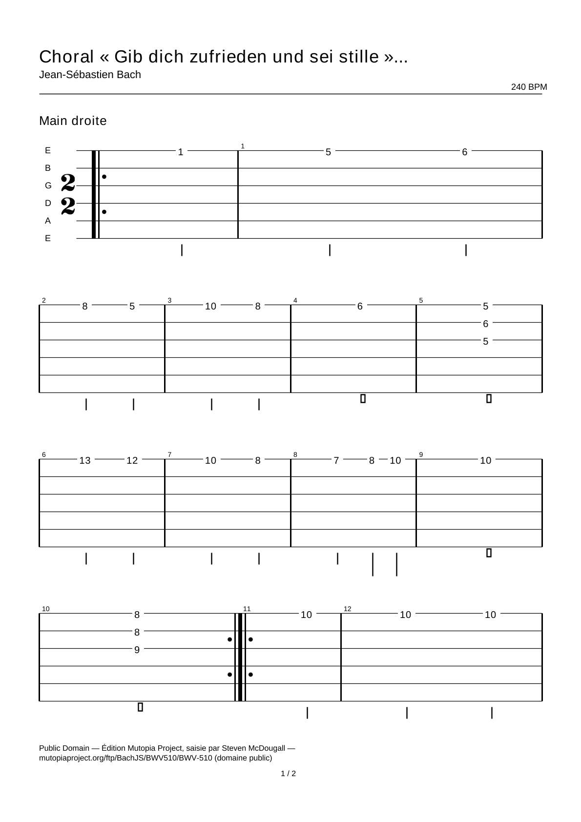 Chorale “Gib dich zufrieden und sei stille” in F major (BWV 510) — Guitar Tab