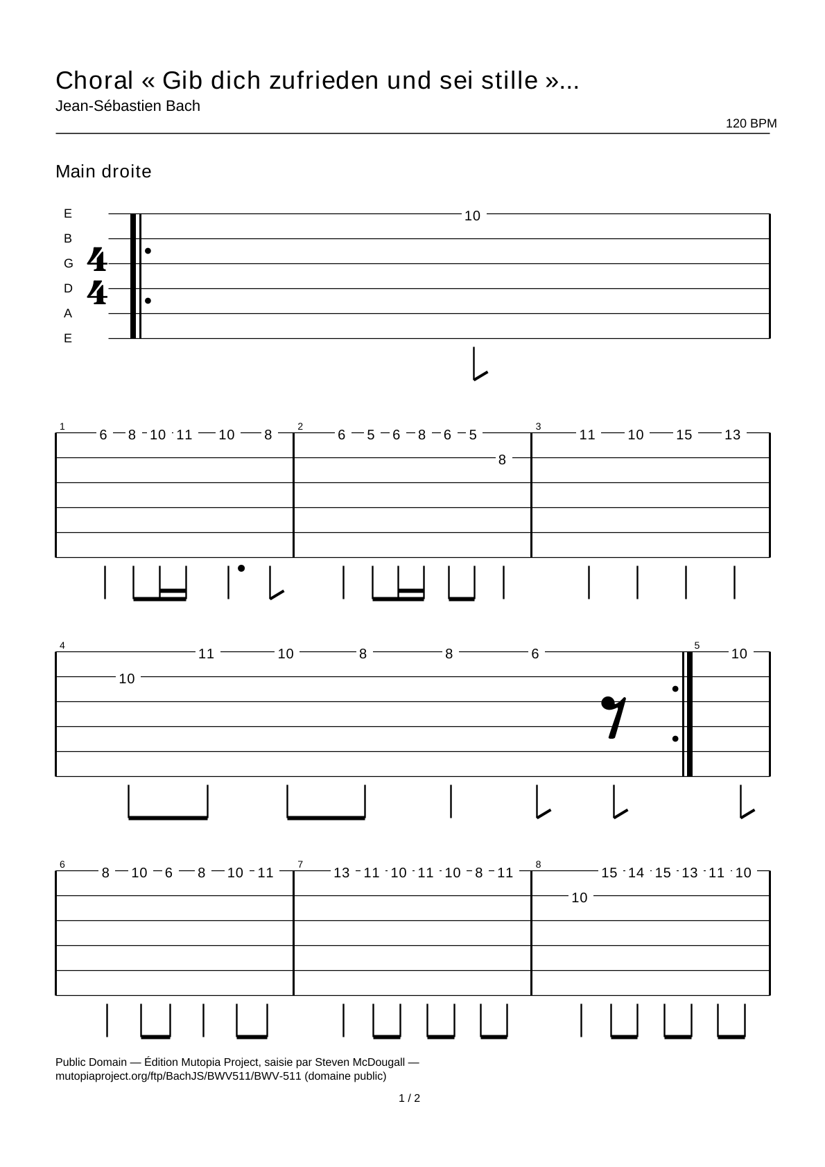 Coral «Gib dich zufrieden und sei stille» en re menor (BWV 511) — Tablatura de guitarra