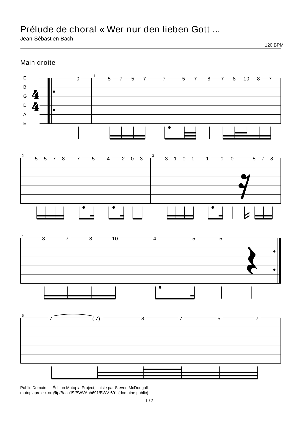 Chorale prelude “Wer nur den lieben Gott läßt walten” (BWV 691) — Guitar Tab