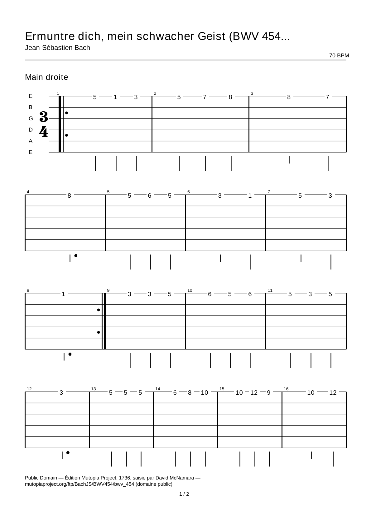 Ermuntre dich, mein schwacher Geist (BWV 454, Schemelli n.º 16) — Tablatura de guitarra