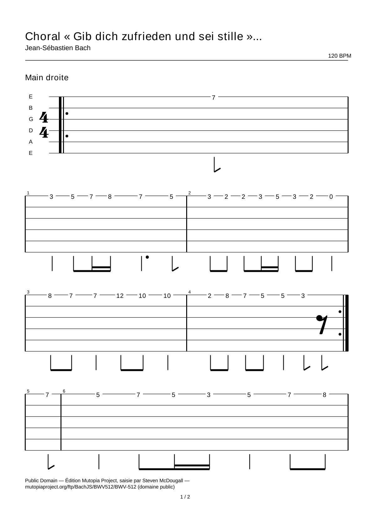Chorale setting “Gib dich zufrieden und sei stille” in E minor (BWV 512) — Guitar Tab