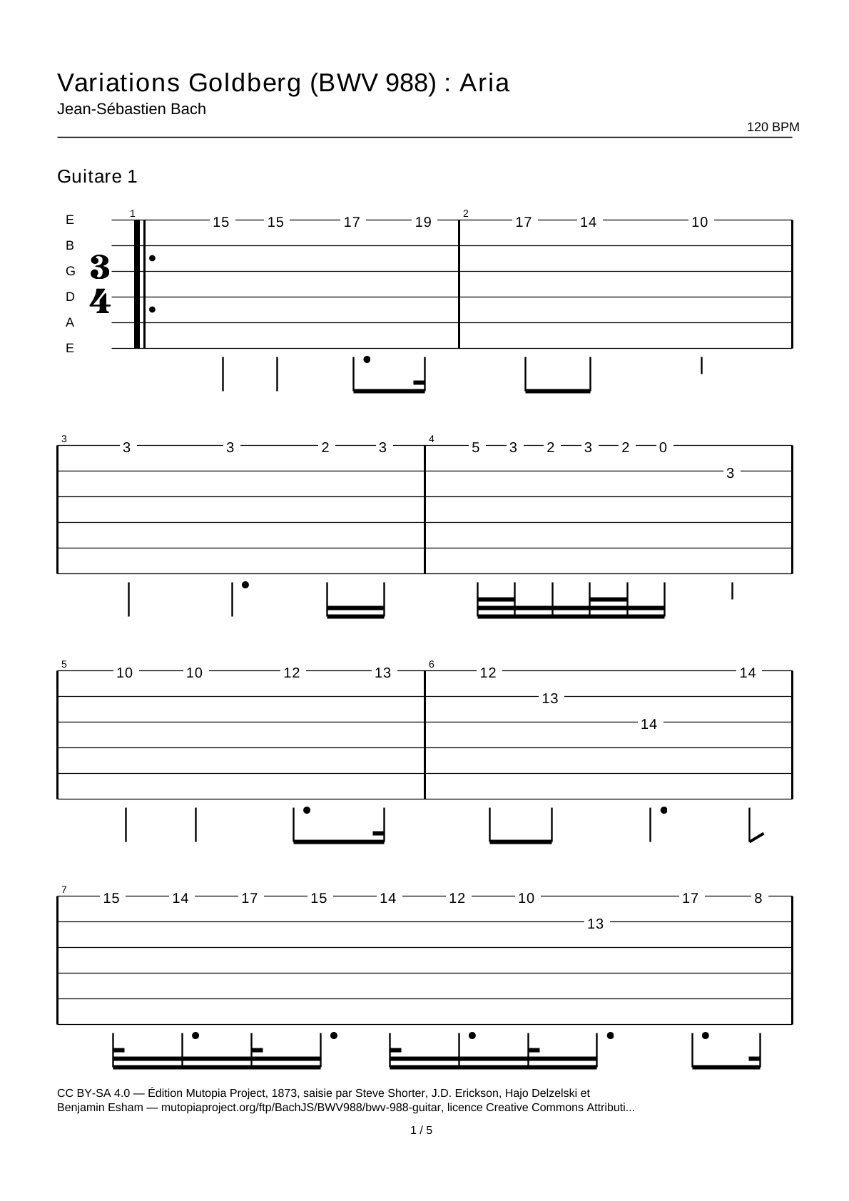 Variaciones Goldberg (BWV 988): Aria — Tablatura de guitarra