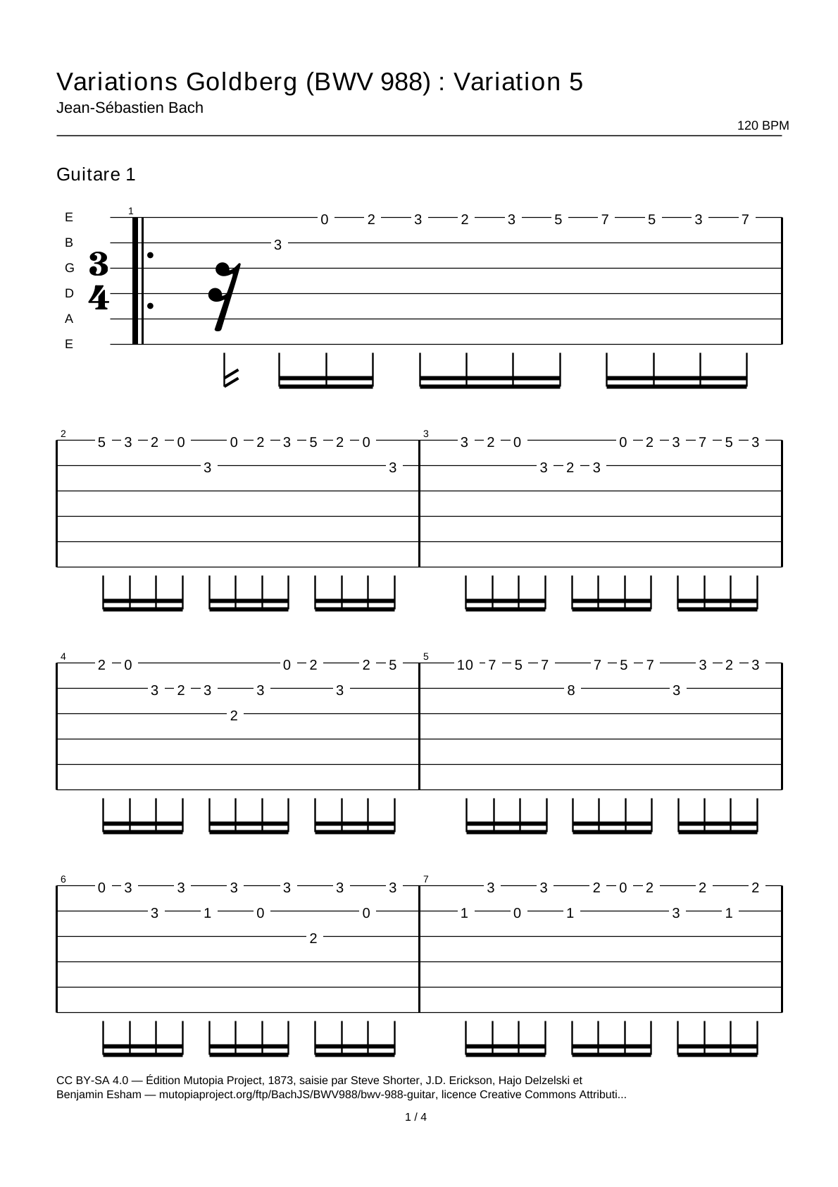 Goldberg Variations (BWV 988): Variation 5 — Guitar Tab