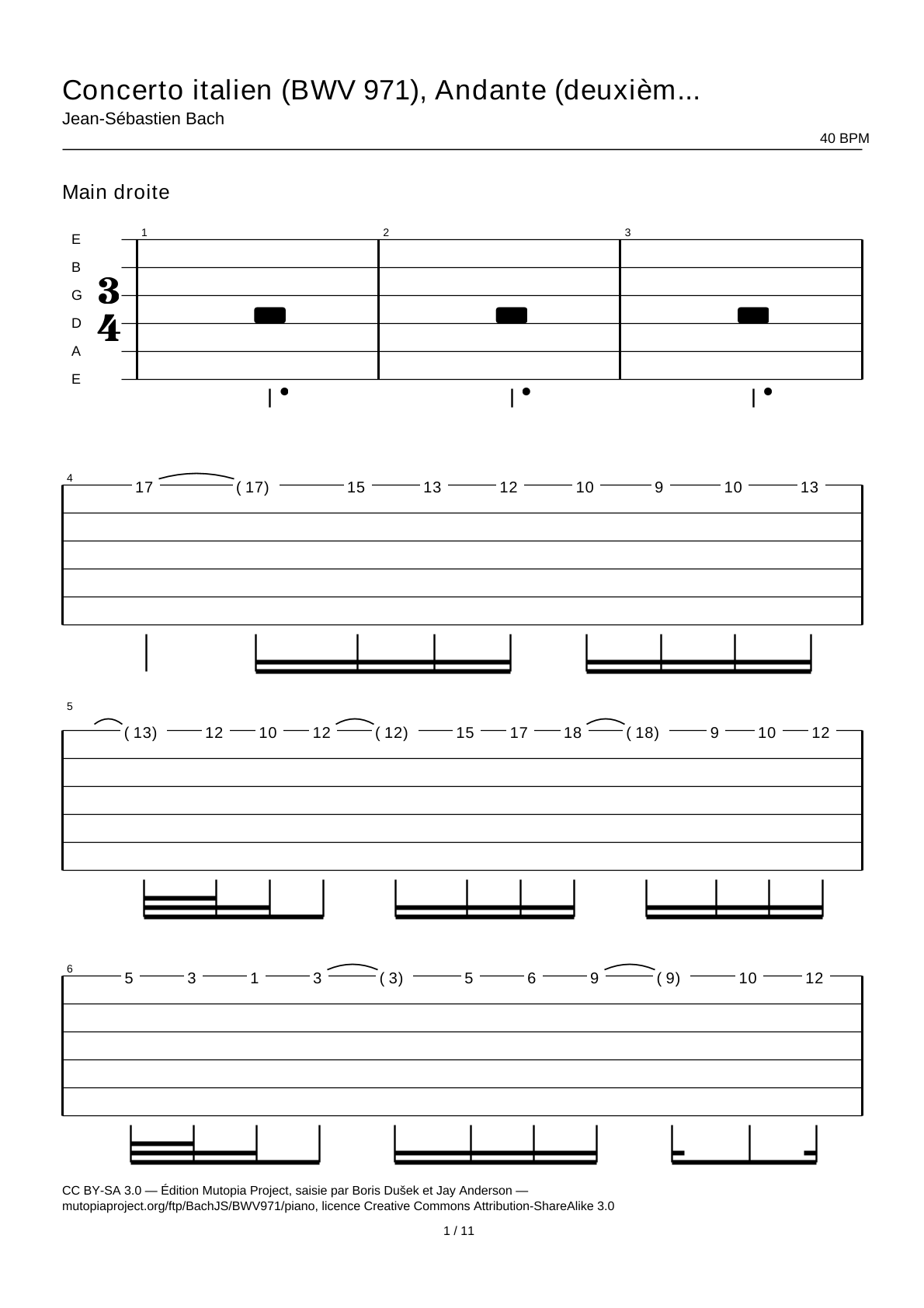 Concierto italiano (BWV 971), Andante (segundo movimiento) — Tablatura de guitarra