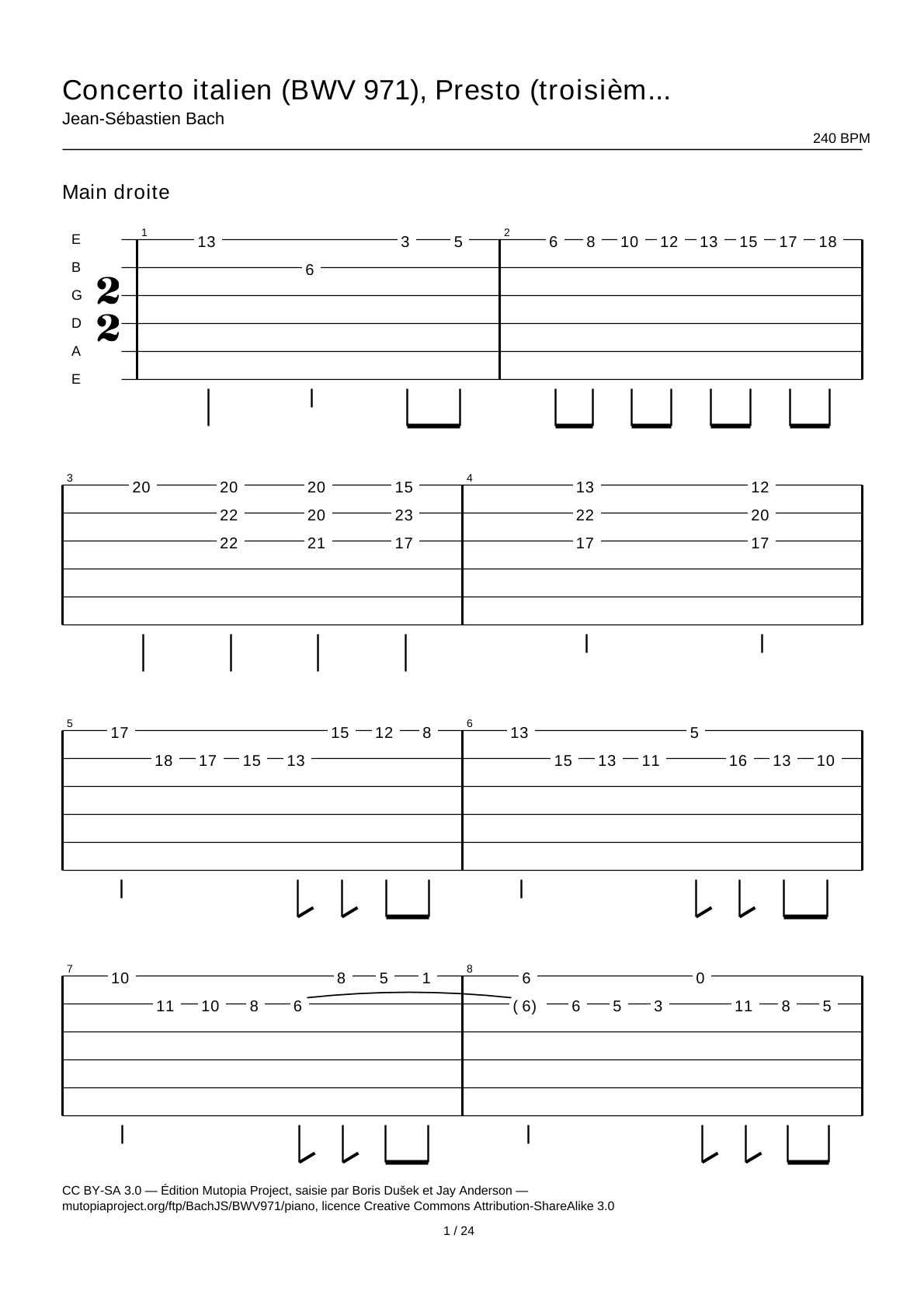 Concierto italiano (BWV 971), Presto (tercer movimiento) — Tablatura de guitarra