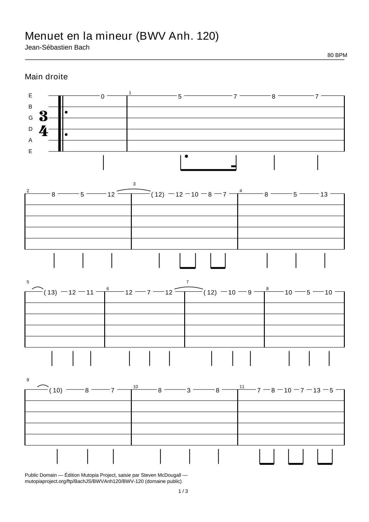 Minuet in A minor (BWV Anh. 120) — Guitar Tab