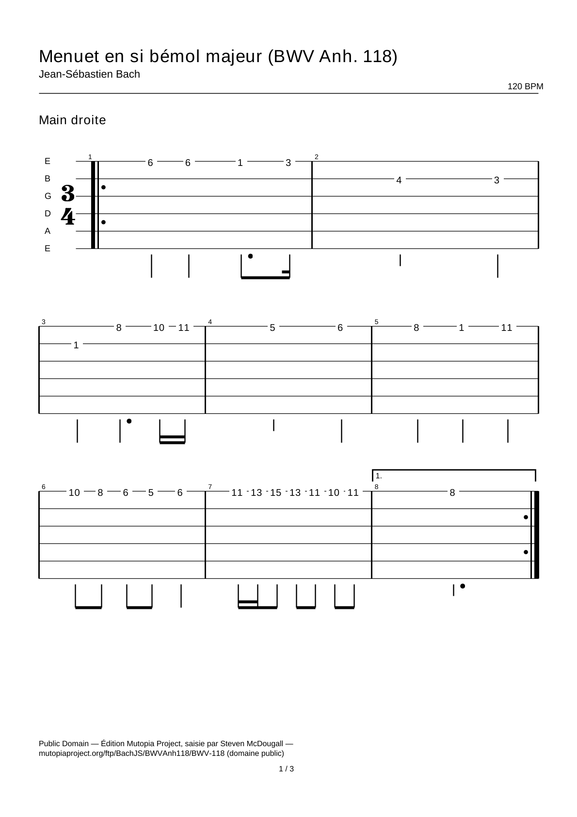 Minuet in B-flat major (BWV Anh. 118) — Guitar Tab