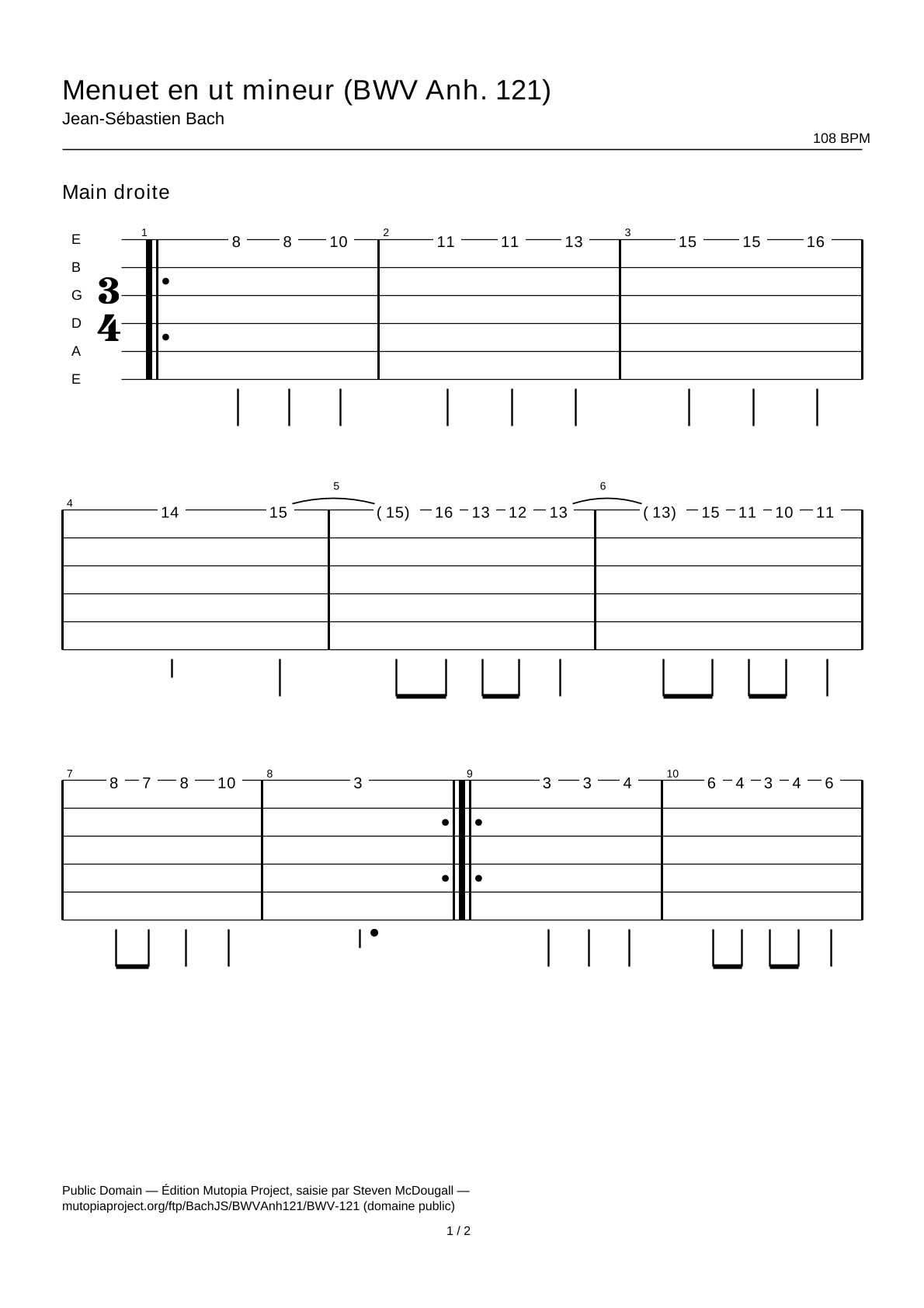 Minueto en do menor (BWV Anh. 121) — Tablatura de guitarra