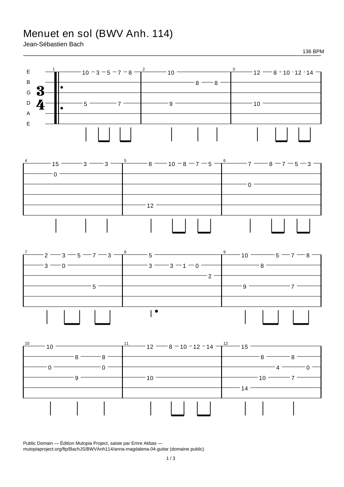 Menuet en sol (BWV Anh. 114) — Tablature guitare