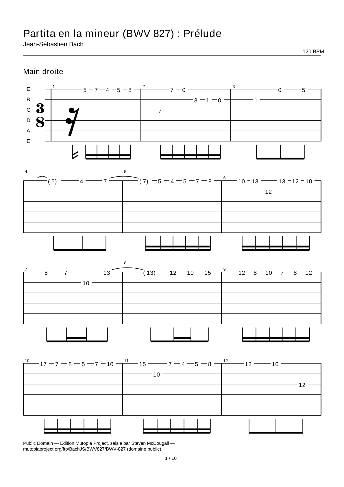 Partita en la menor (BWV 827): Preludio — Tablatura de guitarra