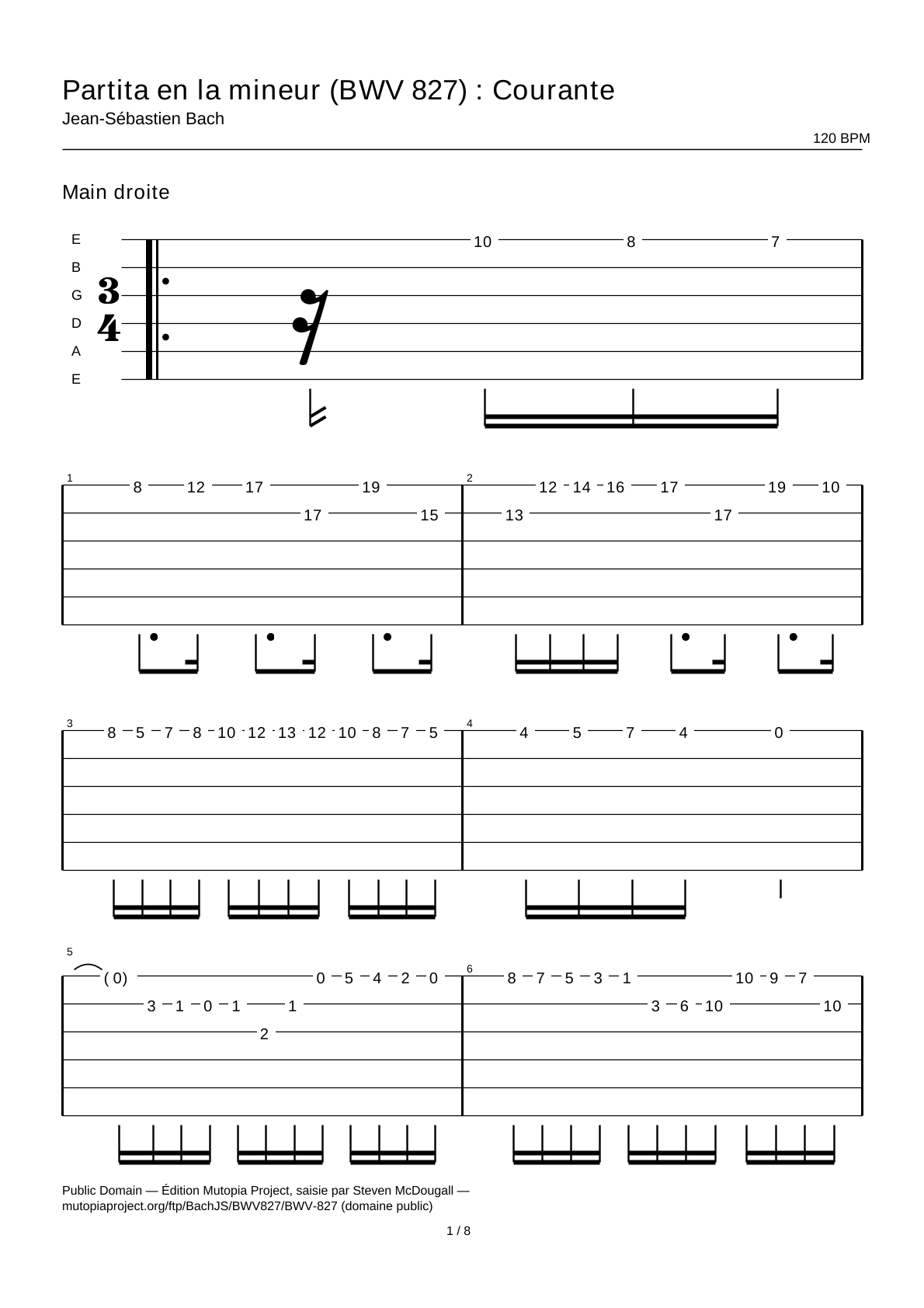 Partita en la mineur (BWV 827) : Courante — Tablature guitare