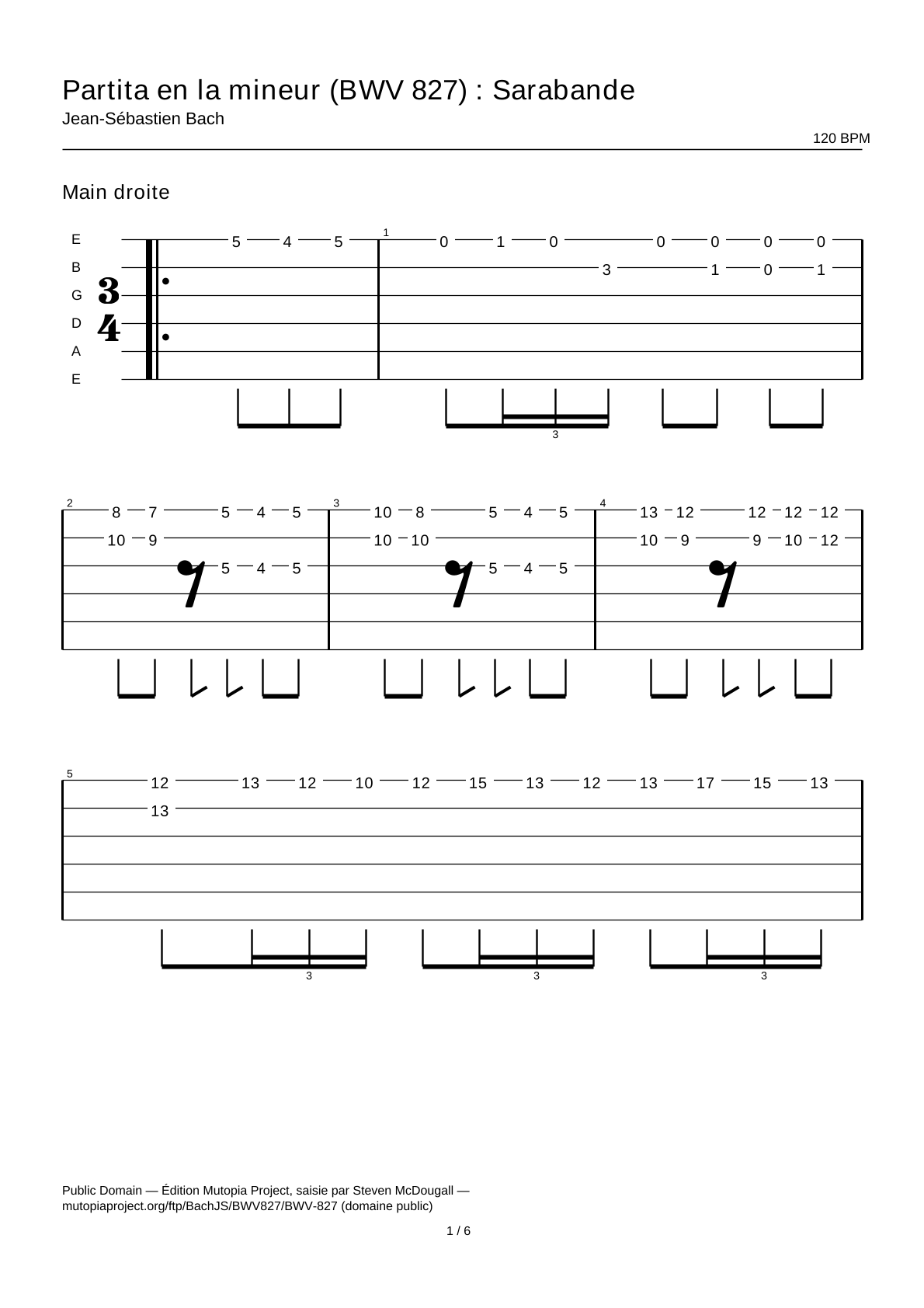 Partita en la mineur (BWV 827) : Sarabande — Tablature guitare