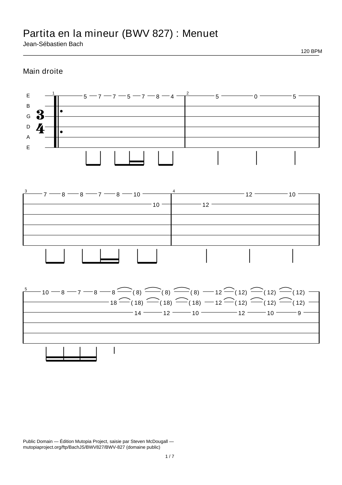 Partita en la menor (BWV 827): Minueto — Tablatura de guitarra