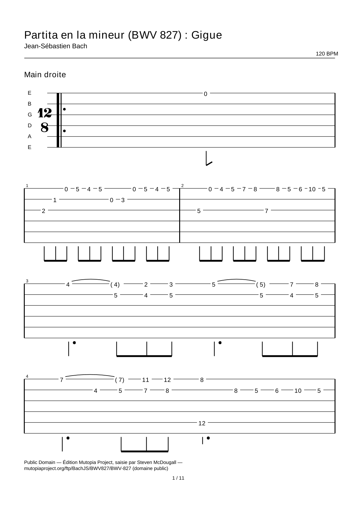 Partita en la menor (BWV 827): Giga — Tablatura de guitarra