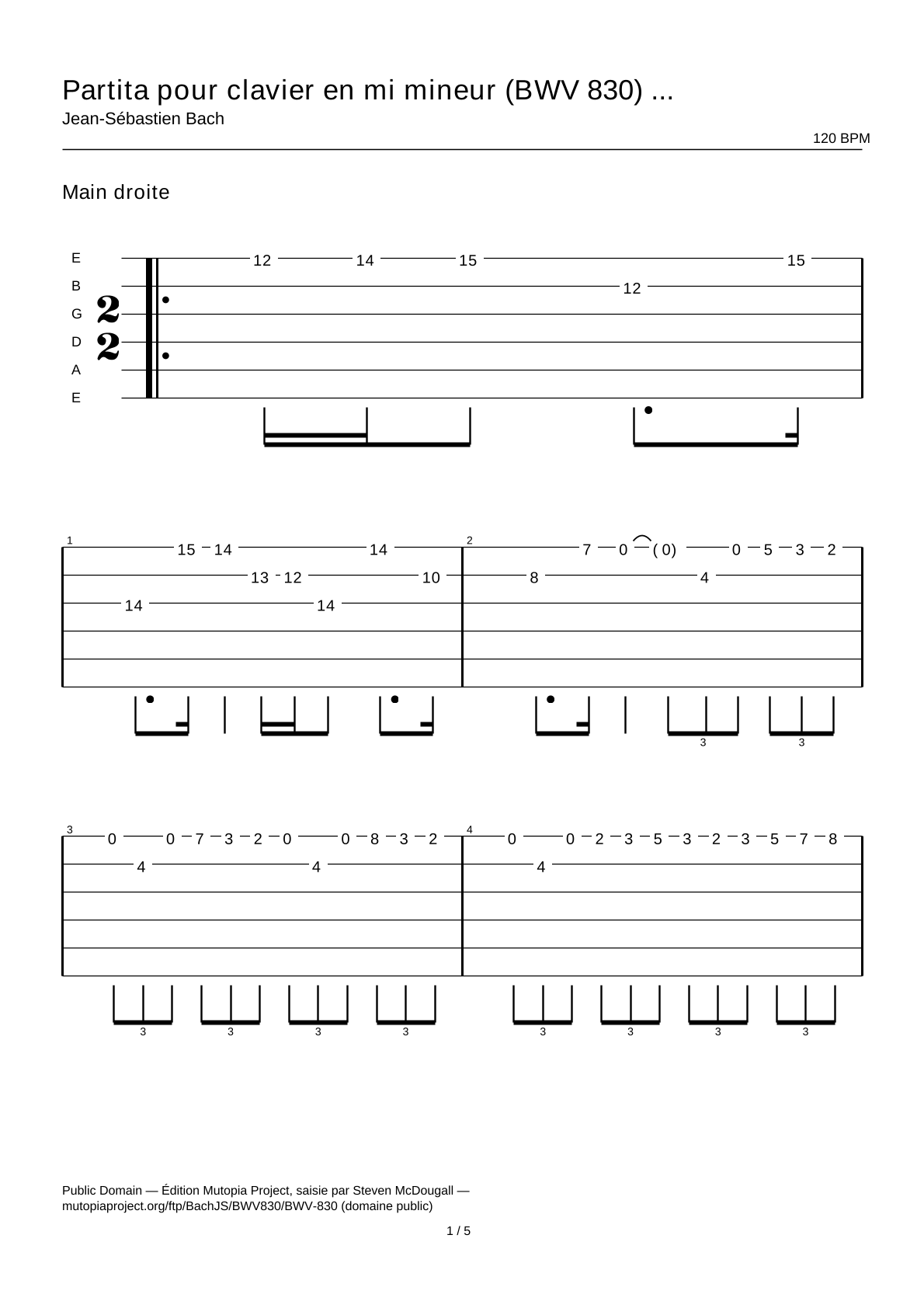 Keyboard Partita in E minor (BWV 830): Tempo di Gavotta — Guitar Tab