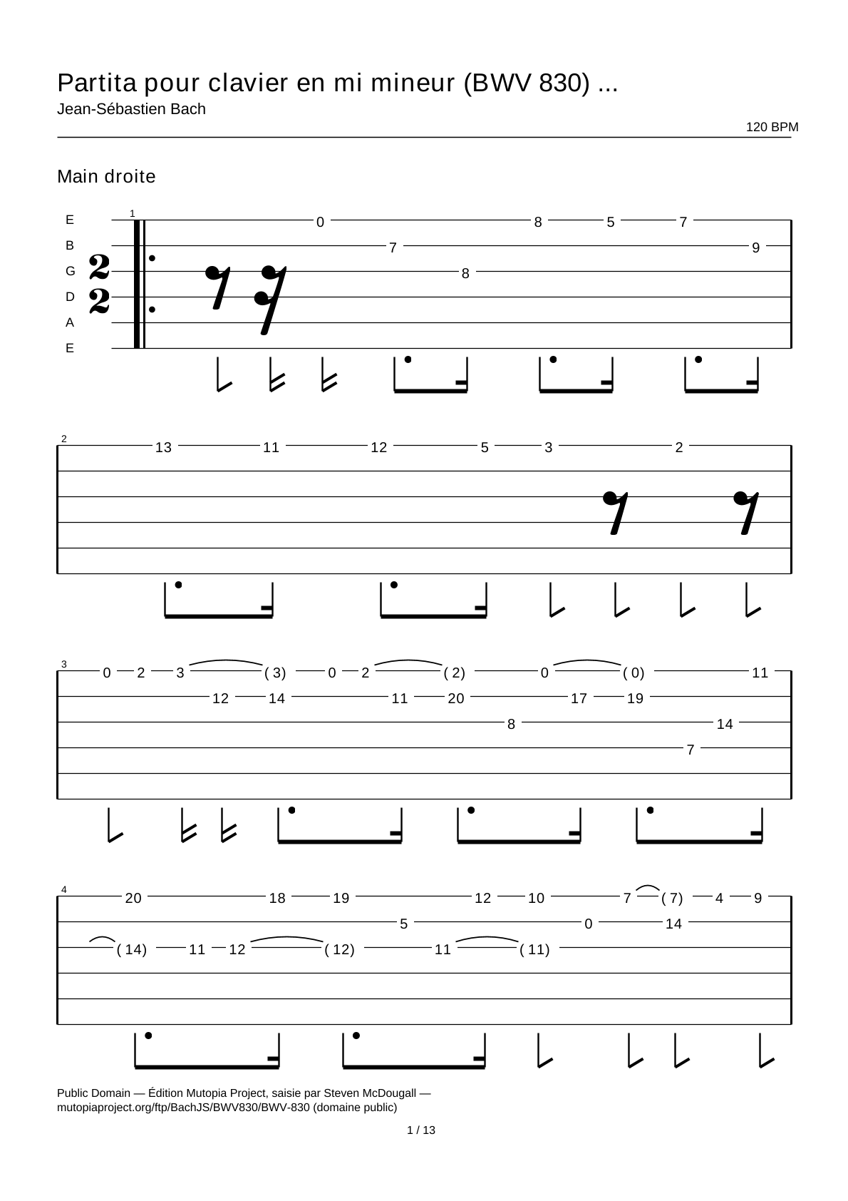 Partita pour clavier en mi mineur (BWV 830) : Gigue — Tablature guitare