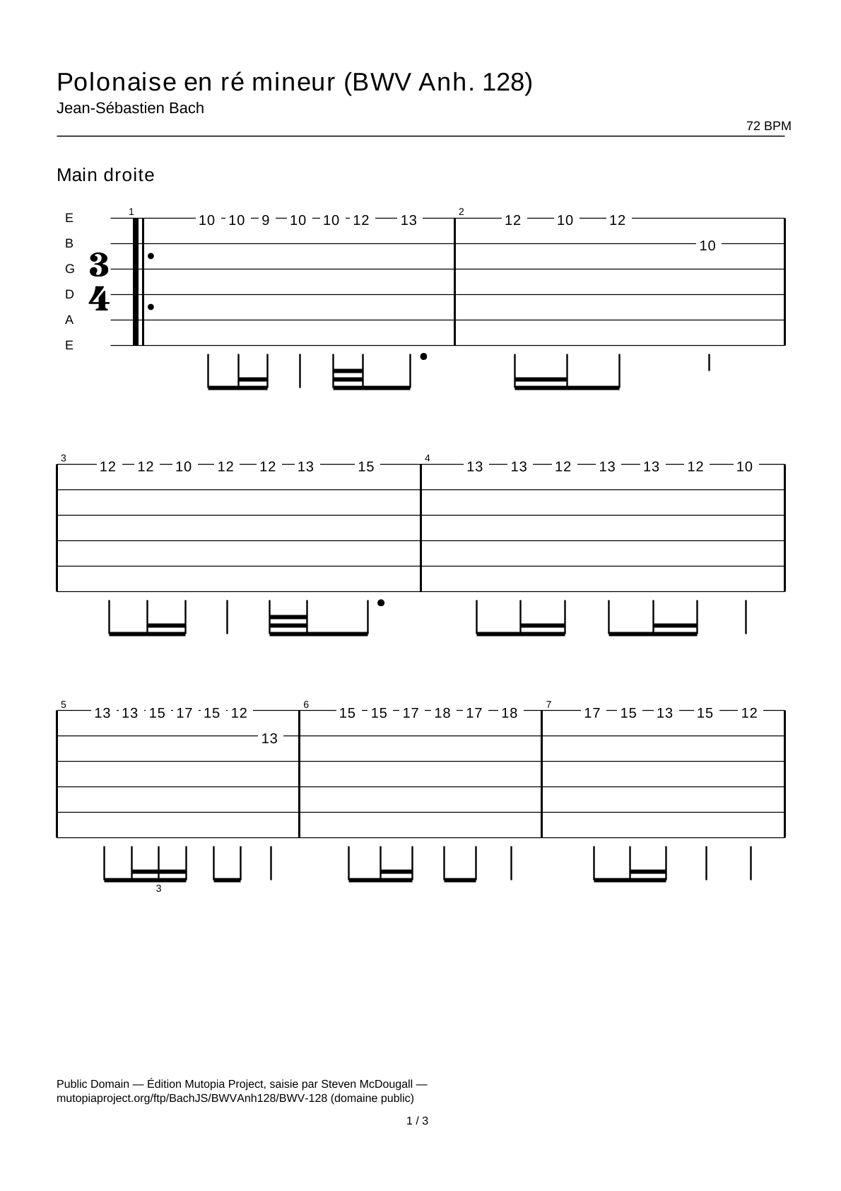 Polonaise en ré mineur (BWV Anh. 128) — Tablature guitare