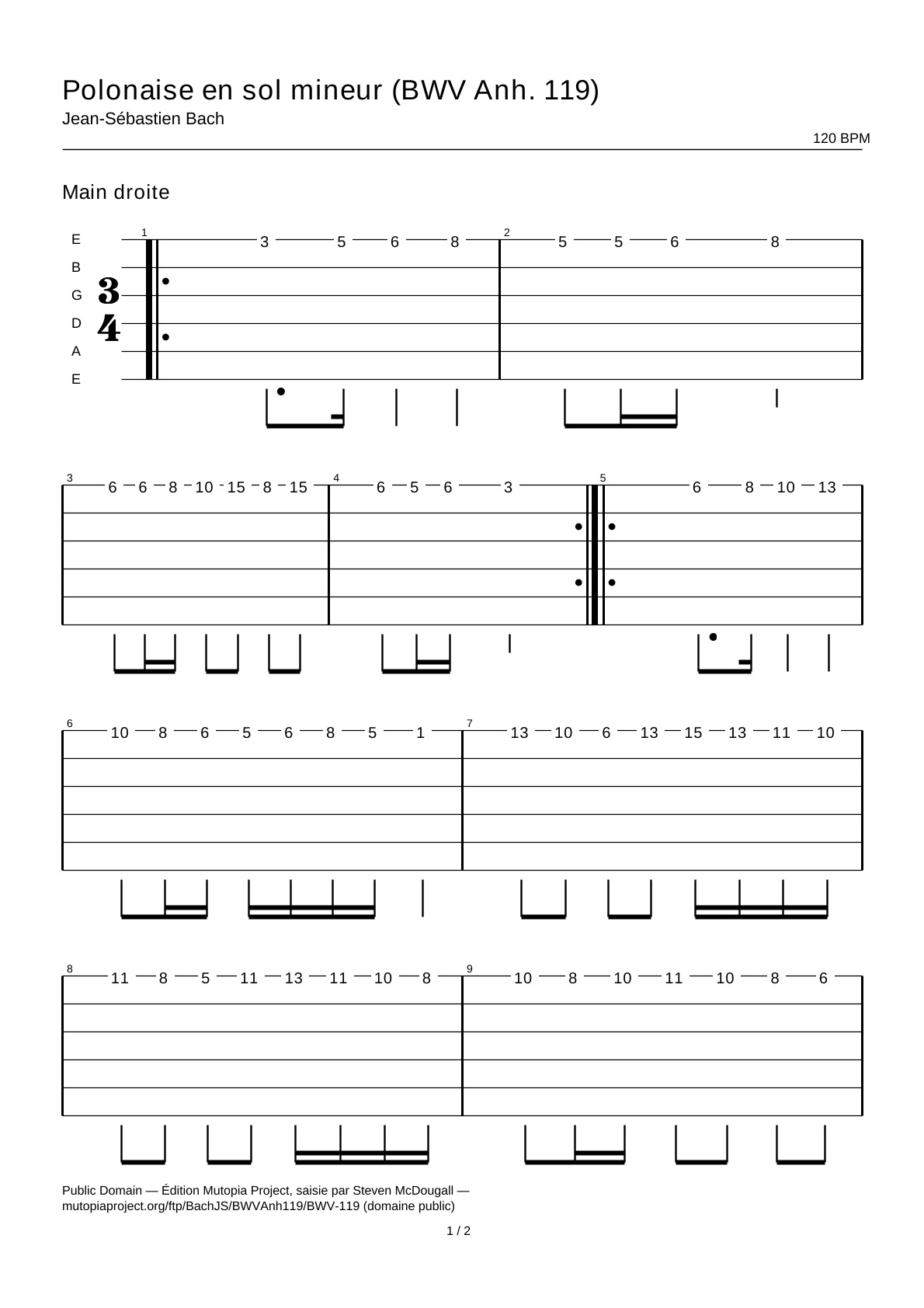 Polonaise en sol mineur (BWV Anh. 119) — Tablature guitare