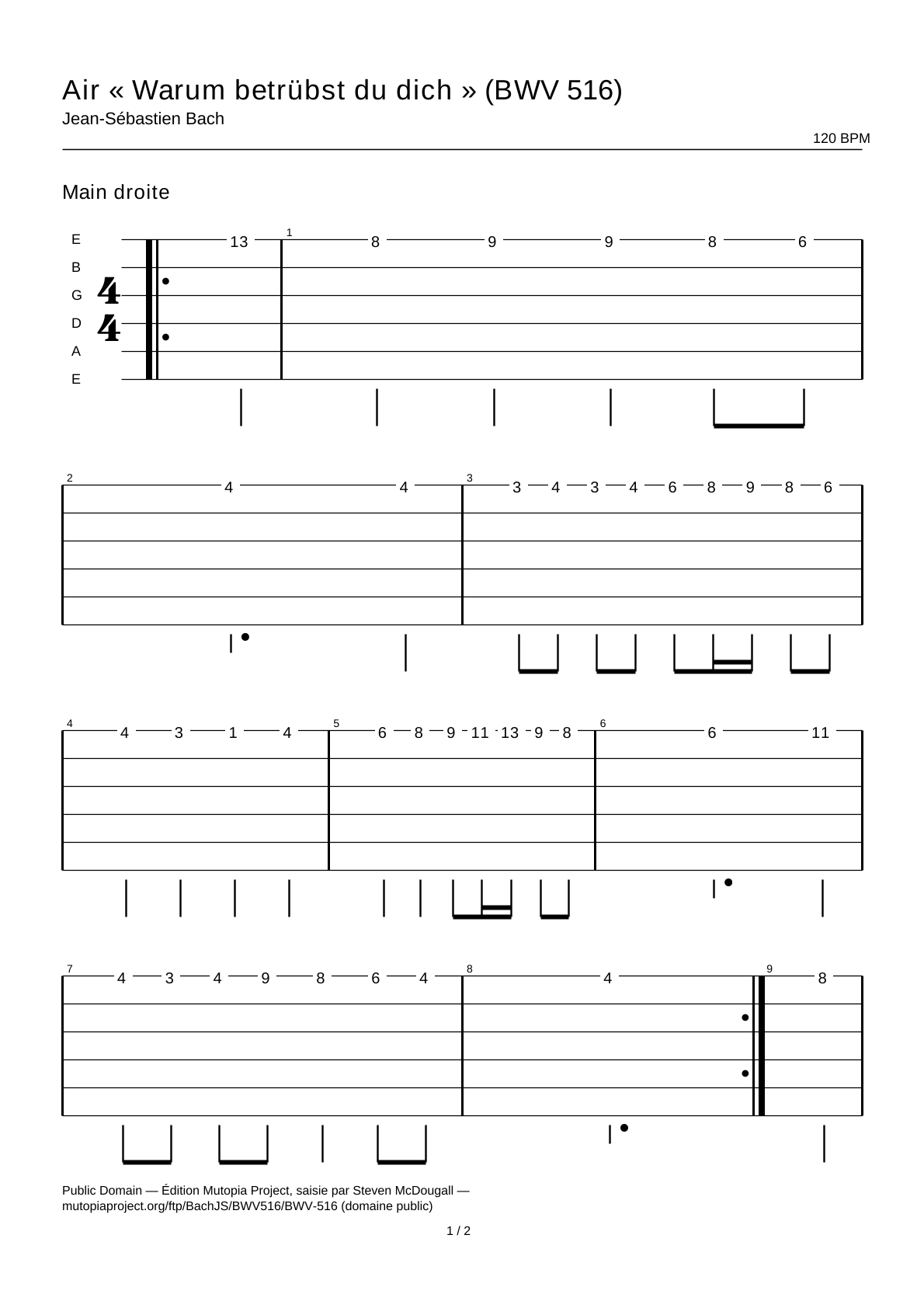 Air « Warum betrübst du dich » (BWV 516) — Tablature guitare