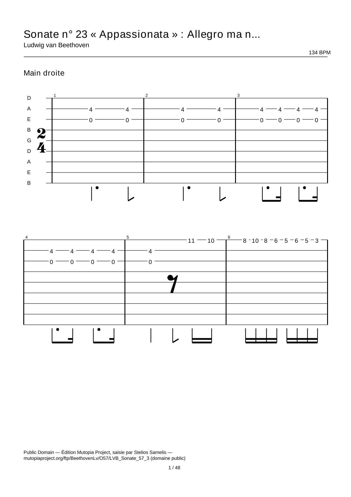 Sonate n° 23 « Appassionata » : Allegro ma non troppo (troisième mouvement) — Tablature guitare