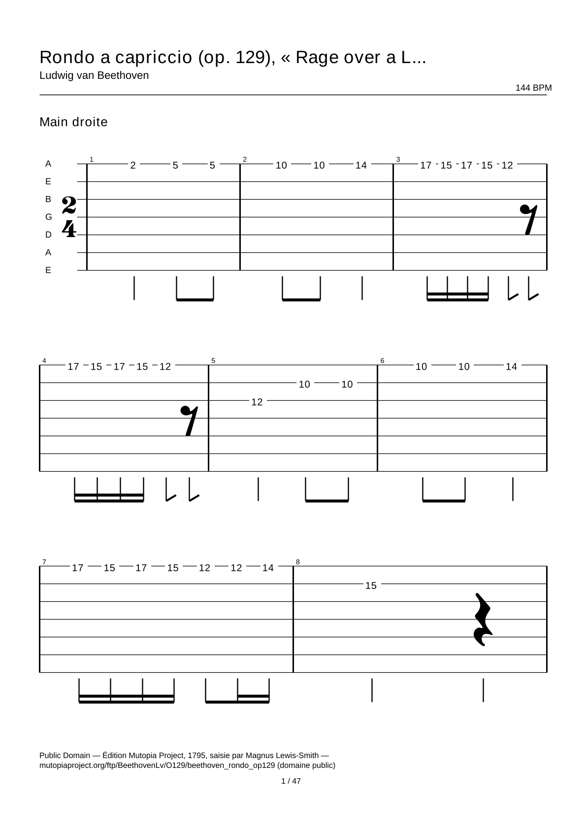 Rondo a capriccio (Op. 129), “Rage over a Lost Penny” — Guitar Tab