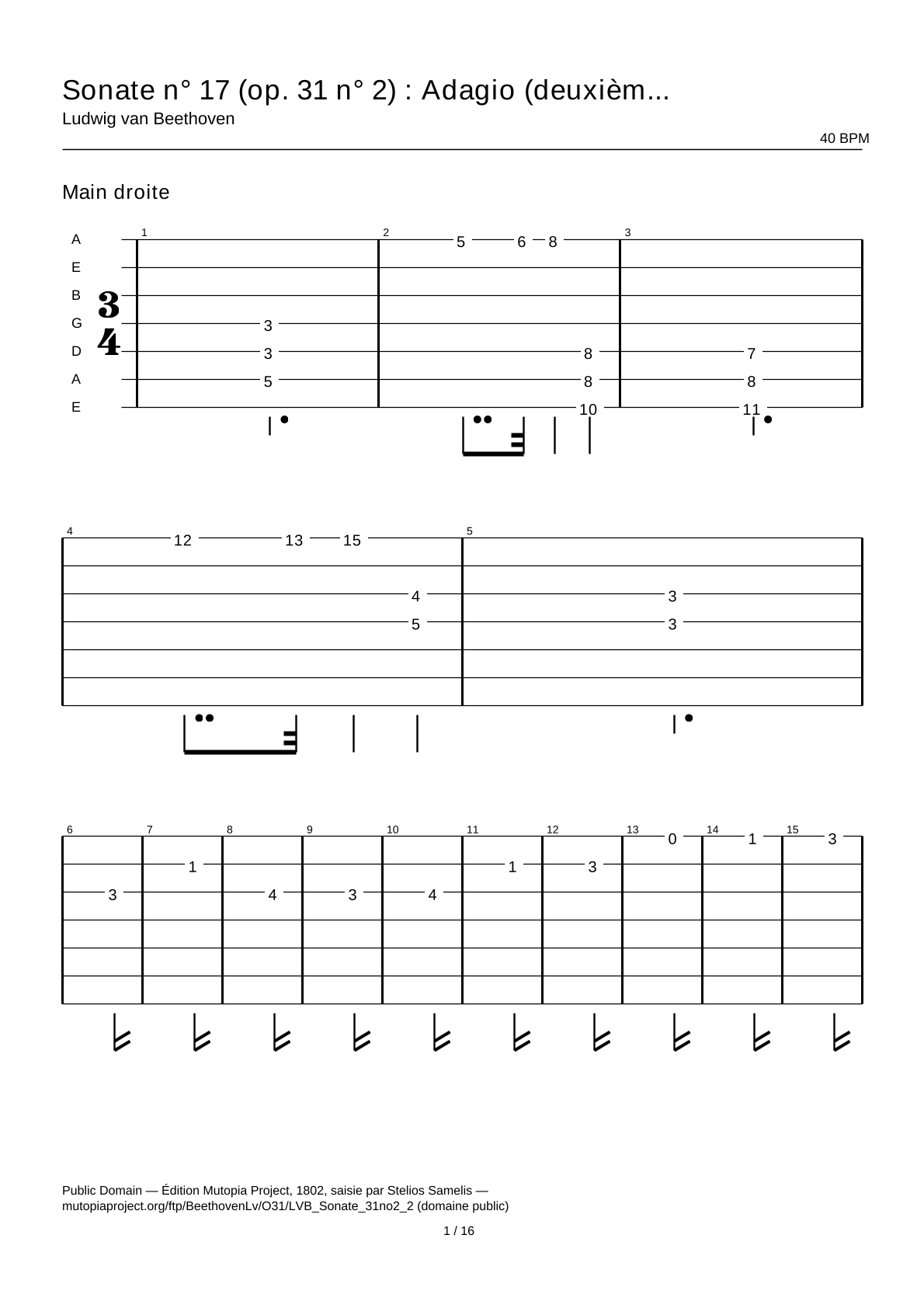 Sonata No. 17 (Op. 31 No. 2): Adagio (second movement) — Guitar Tab